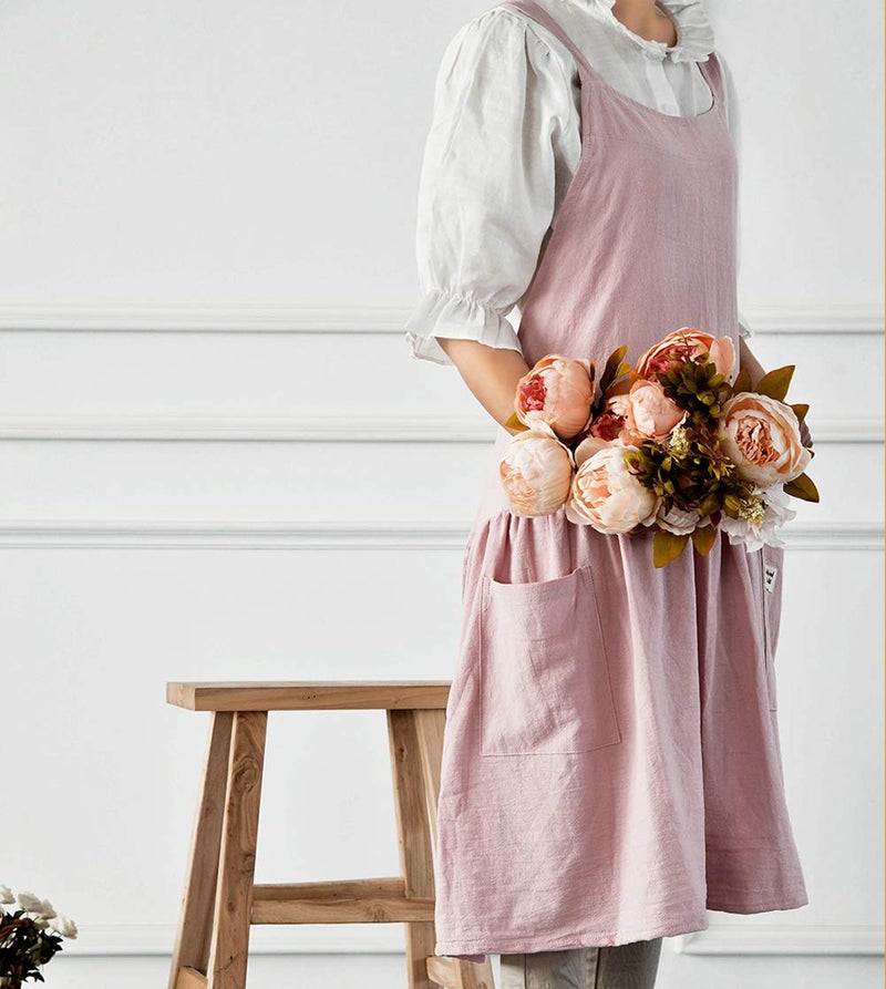 NEWGEM Cotton Linen Cross Back Apron for Women with Pockets for Baking Painting Pink with Waist Ties - Image 2